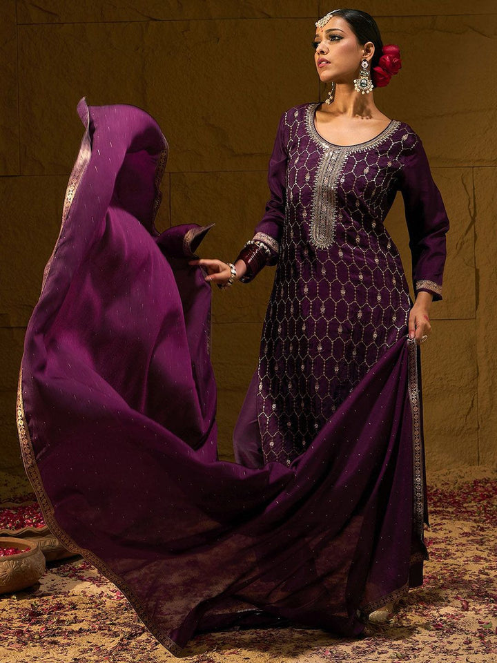 Indo Era Burgundy Geometric Embroidered Jacquard Weave Kurta with Trousers & Dupatta