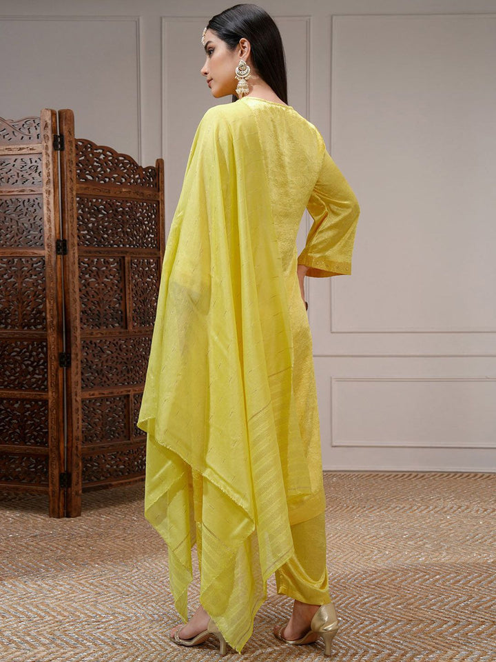 Vishudh Women Lime Embroidered Straight Kurta with Regular Pants and Organza Dupatta