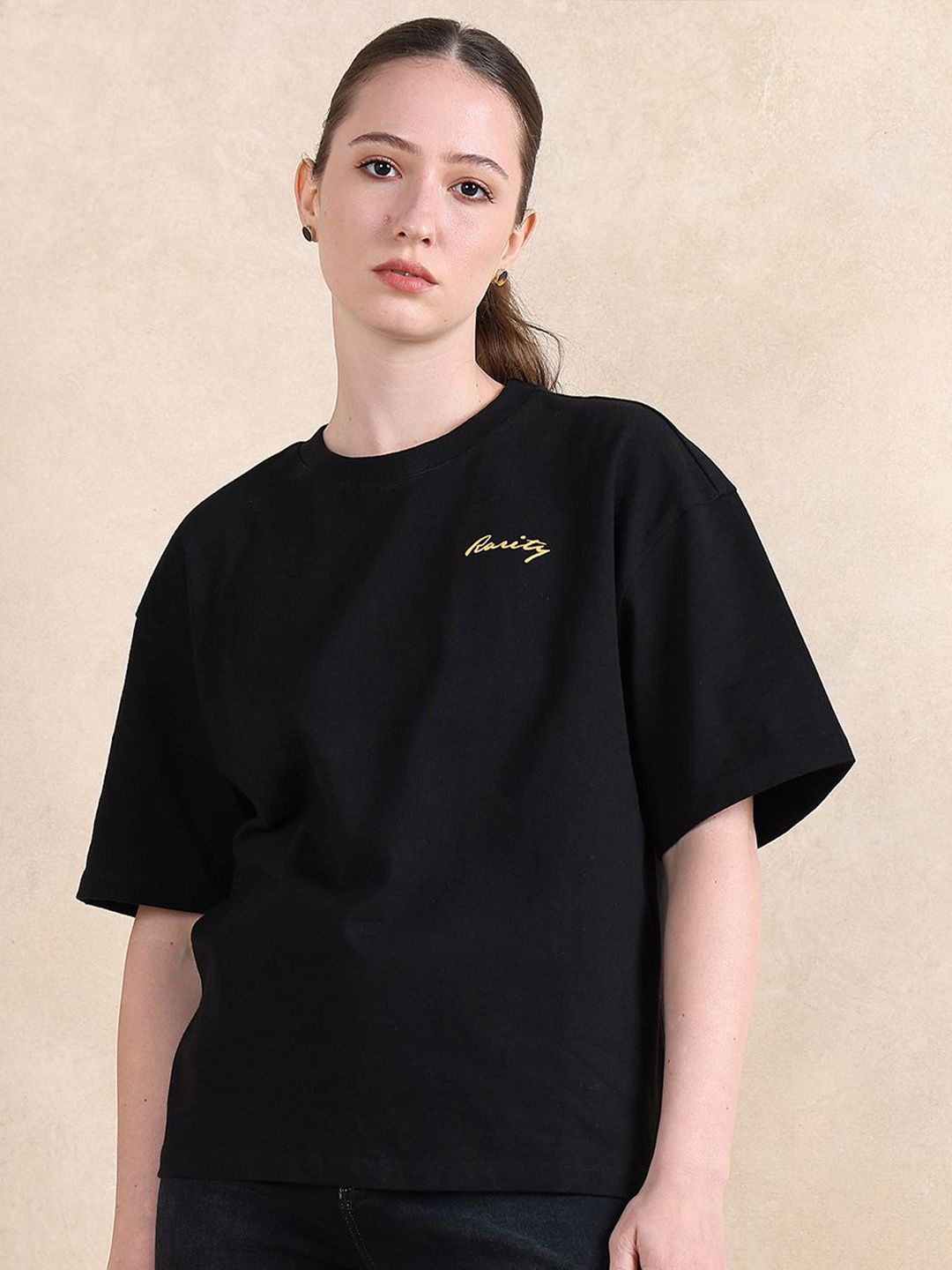 Rareism Women Graphic Graphic Printed Neck Cotton T-Shirt Berkekalan