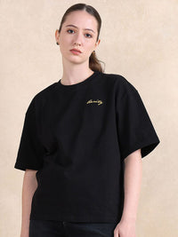 Rareism Women Graphic Graphic Printed Neck Cotton T-Shirt Berkekalan