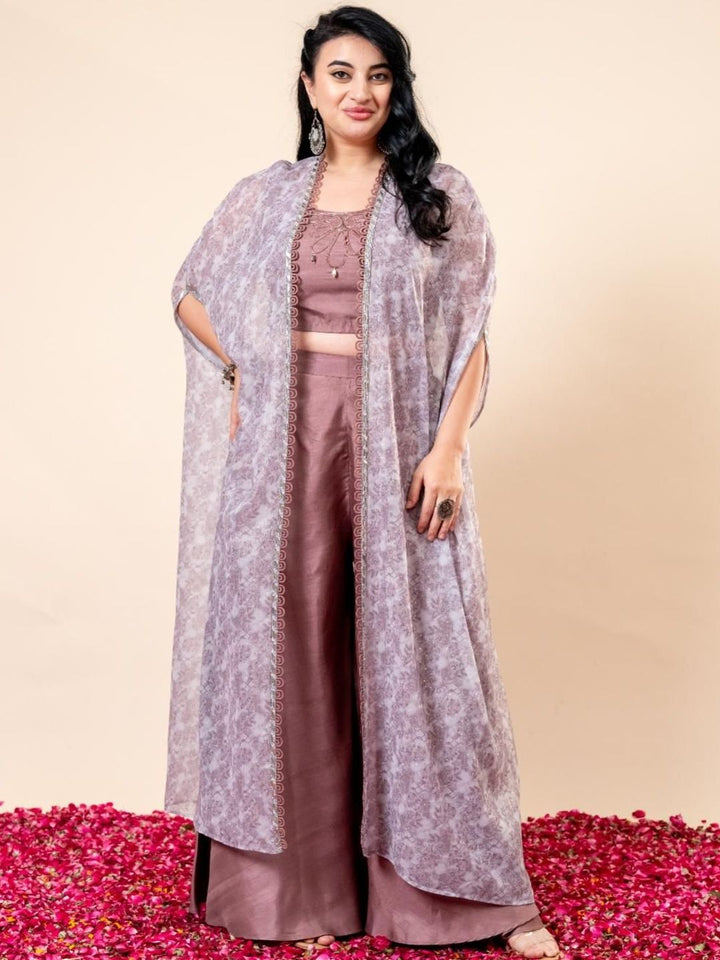 Mamicha Printed Round Neck Crop Top With Cape & Palazzos Co-Ords Set