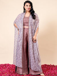 Mamicha Printed Round Neck Crop Top With Cape & Palazzos Co-Ords Set