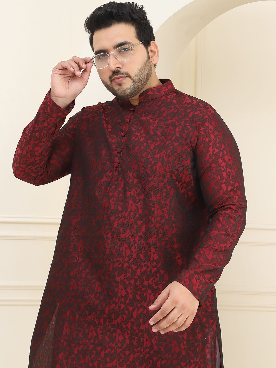 SOJANYA PLUS Geometric Woven Design Mandarin Collar Straight Kurta With Pyjama