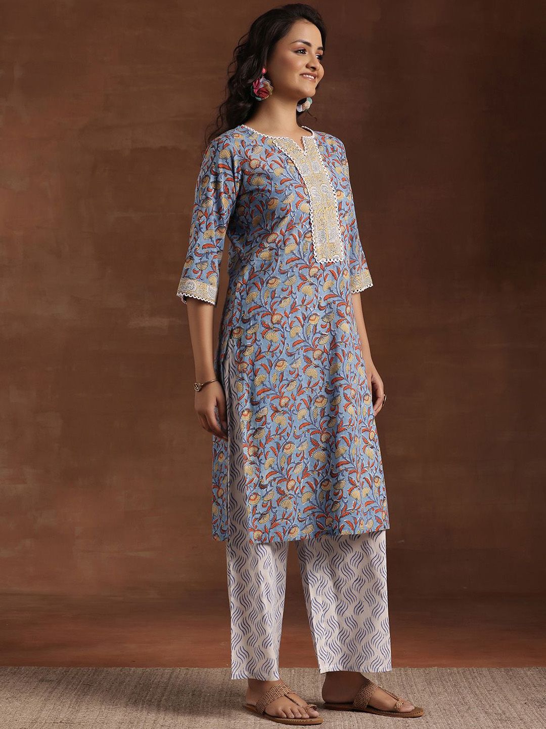 Libas Floral Printed Notch Neck Pure Cotton Straight Kurta with Palazzo & Dupatta