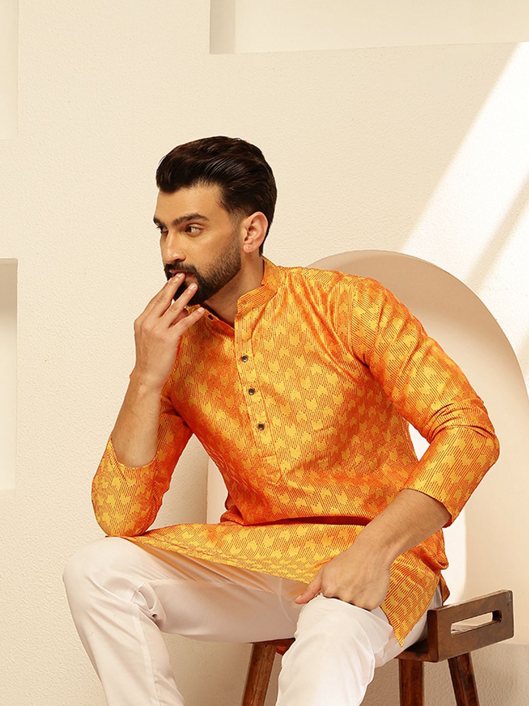 SOJANYA Woven Design Mandarin Collar Thread Work Straight Kurta
