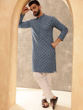 Anouk Blue Mandarin Collar Geometrik Sulam Labuci Kapas Tulen Kurta Lurus