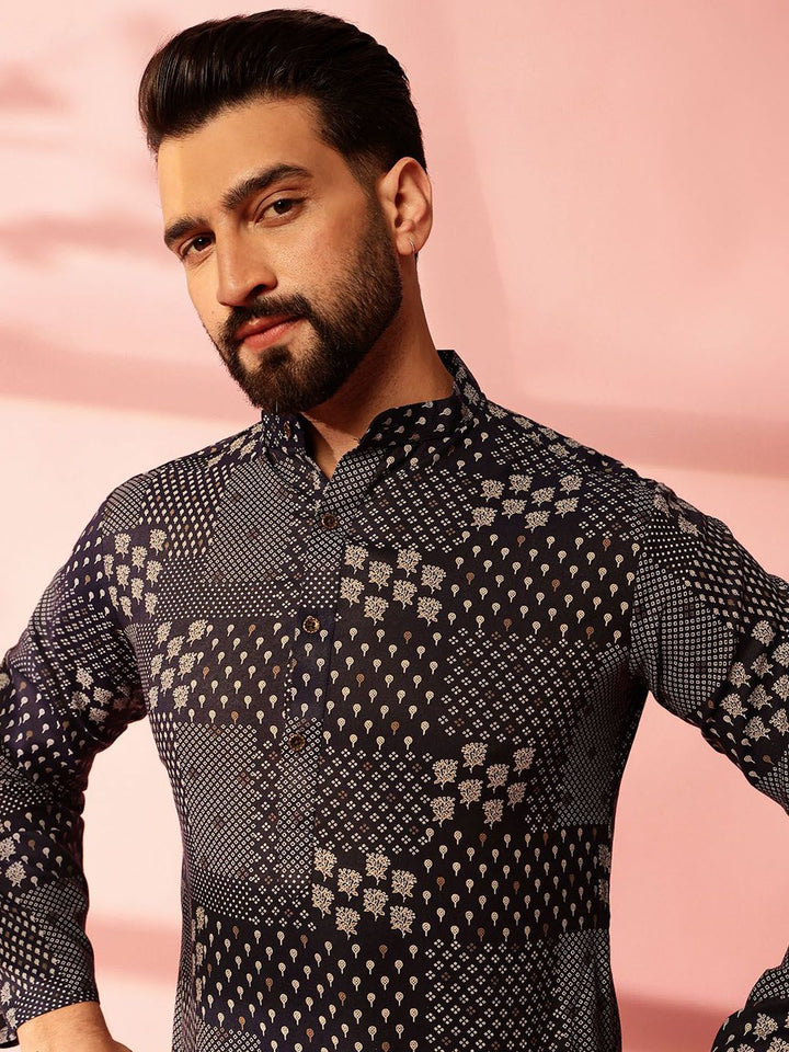 Anouk Floral Printed Band Collar Straight Cotton Linen Kurta