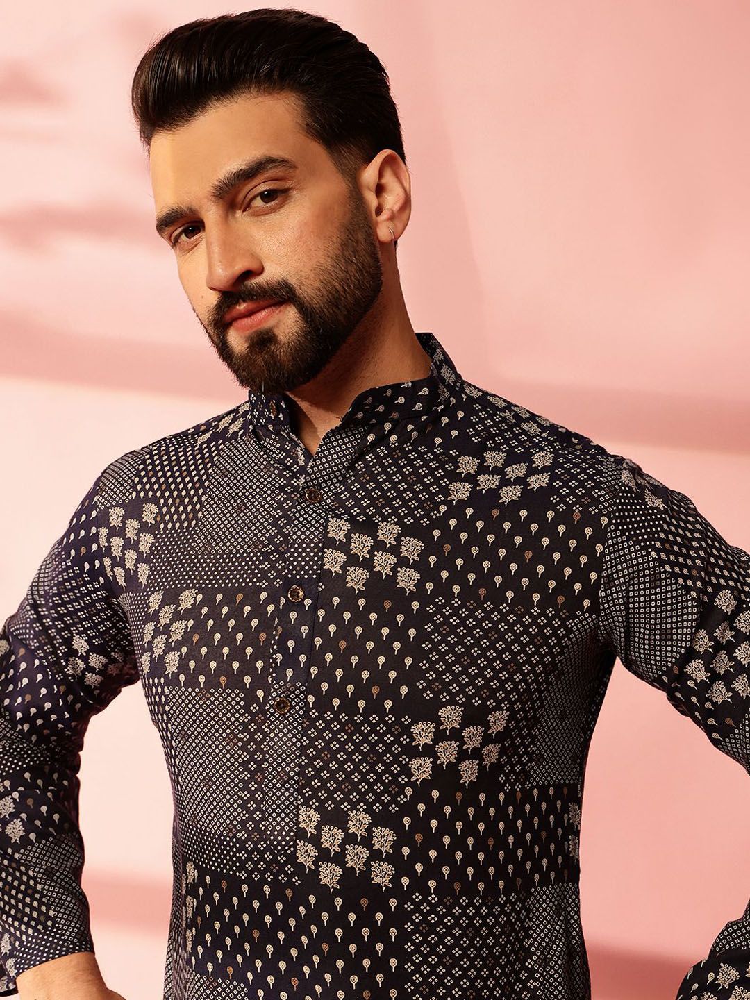 Anouk Floral Printed Band Collar Straight Cotton Linen Kurta
