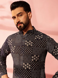 Anouk Floral Printed Band Collar Straight Cotton Linen Kurta