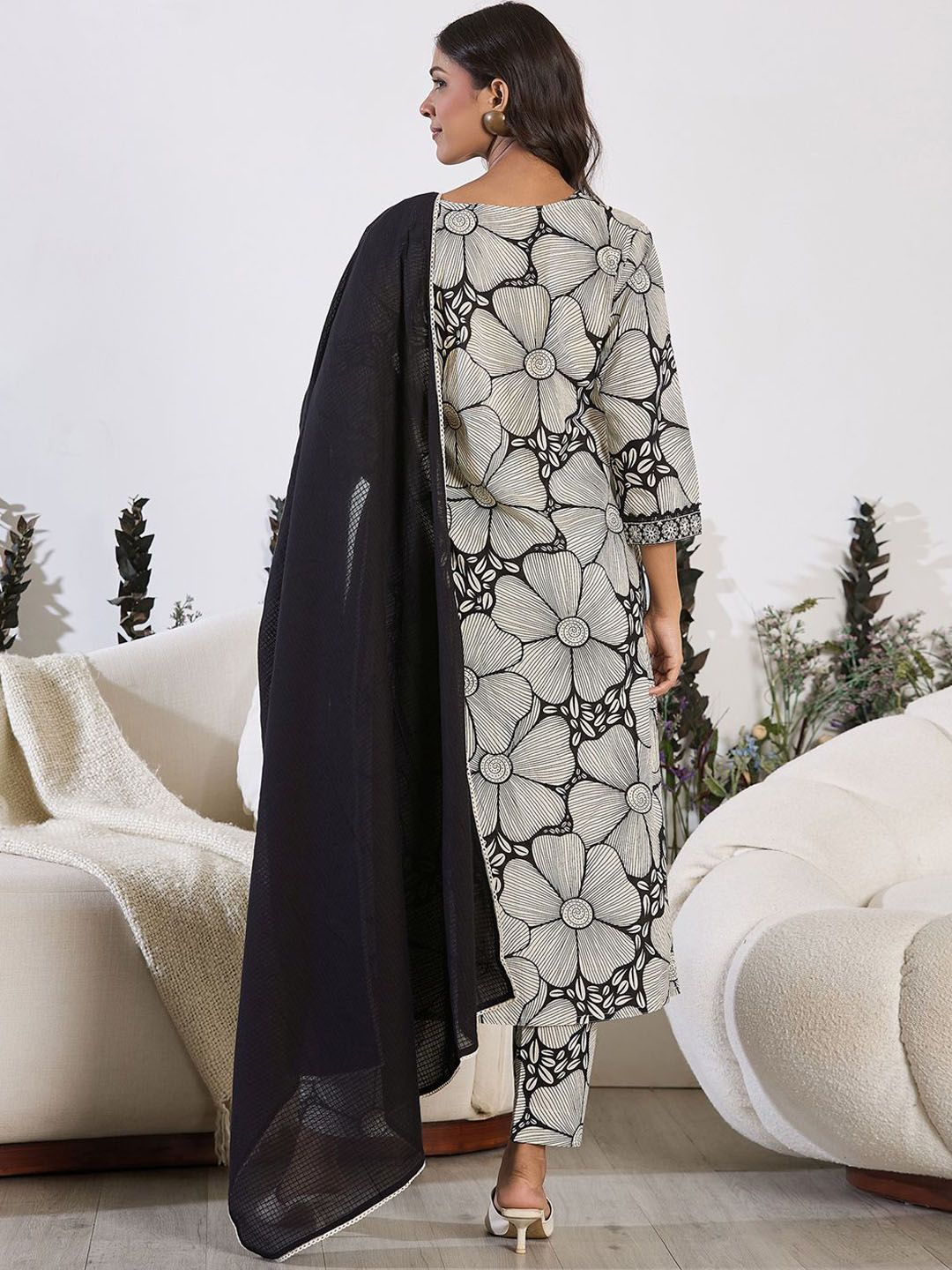 Indo Era Floral Printed Sequinned Pure Cotton Straight Kurta with Trouser & Dupatta