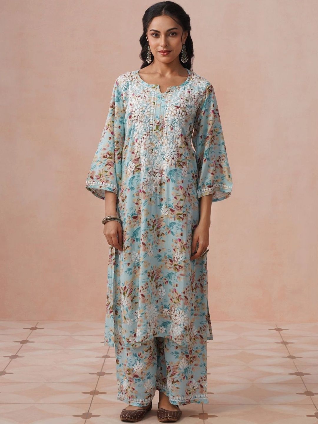 House of Chikankari Women Printed Regular Chikankari Kurta with Trousers