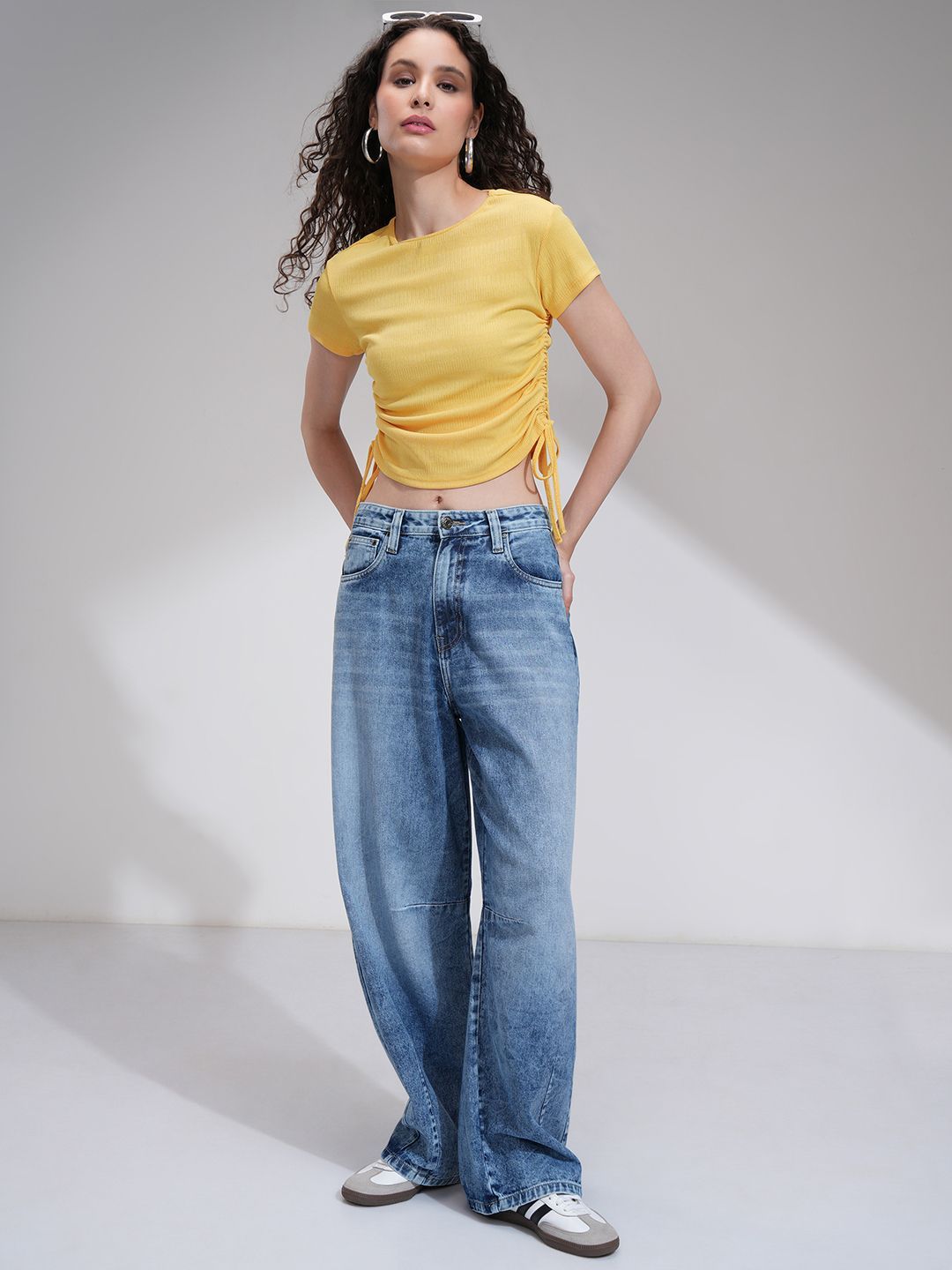 Tokyo Talkies Women Solid Round Neck Tie Up Rib Top