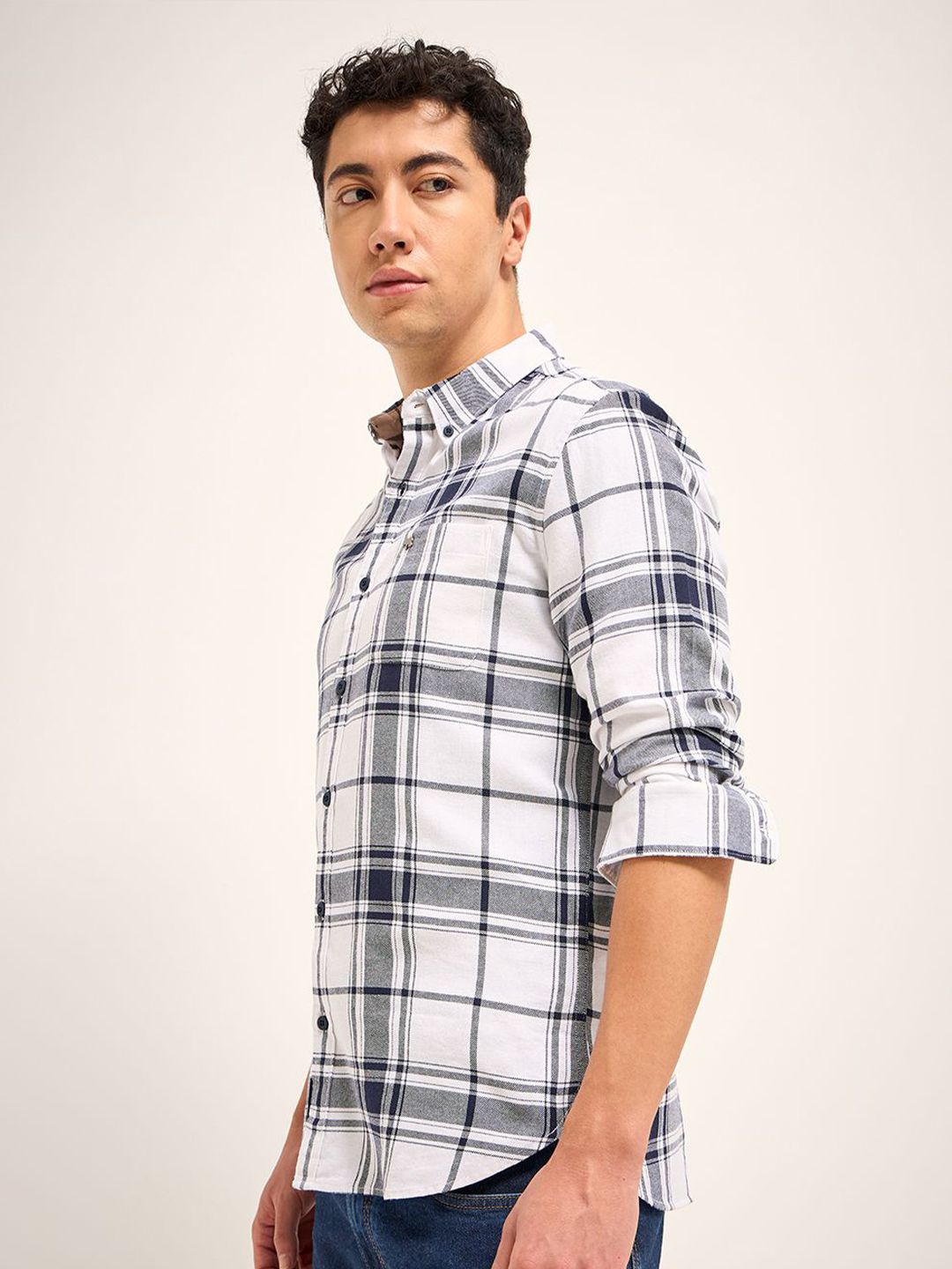 THE BEAR HOUSE Men Button-Down Collar Tartan Checked Cotton Slim Fit Casual Shirt