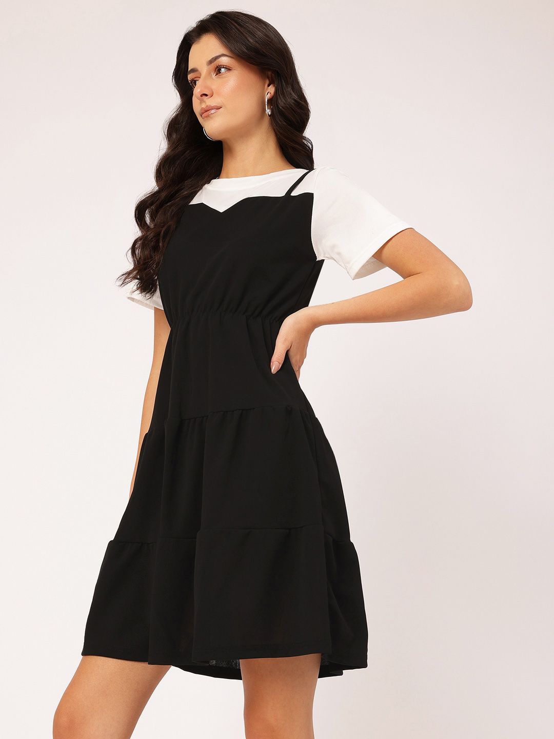 DressBerry Cute & Comfy Monochrome A-Line Tiered Mini Dress