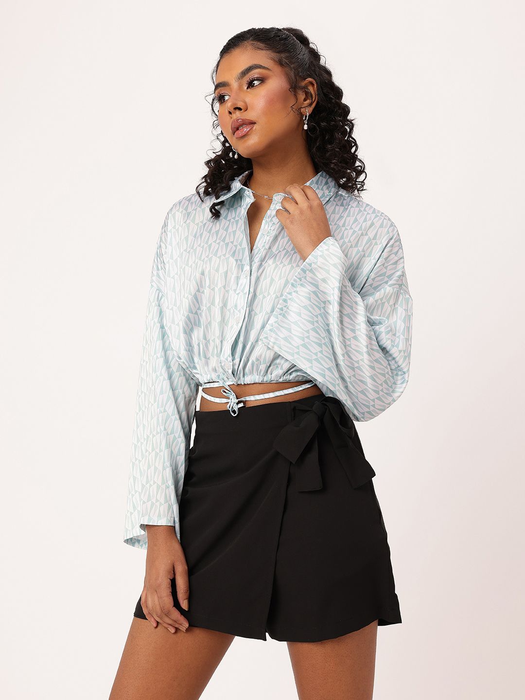 DressBerry Playful Tie-Ups Satiny Glam Blouson Shirt Style Crop Top