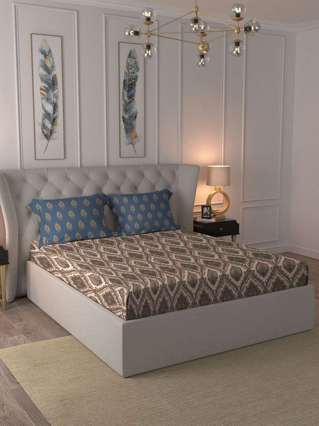 MYTRIDENT Noor Beige Celebration Flat 144TC Queen Pure Cotton 1 Bedsheet with 2 Pillow Covers