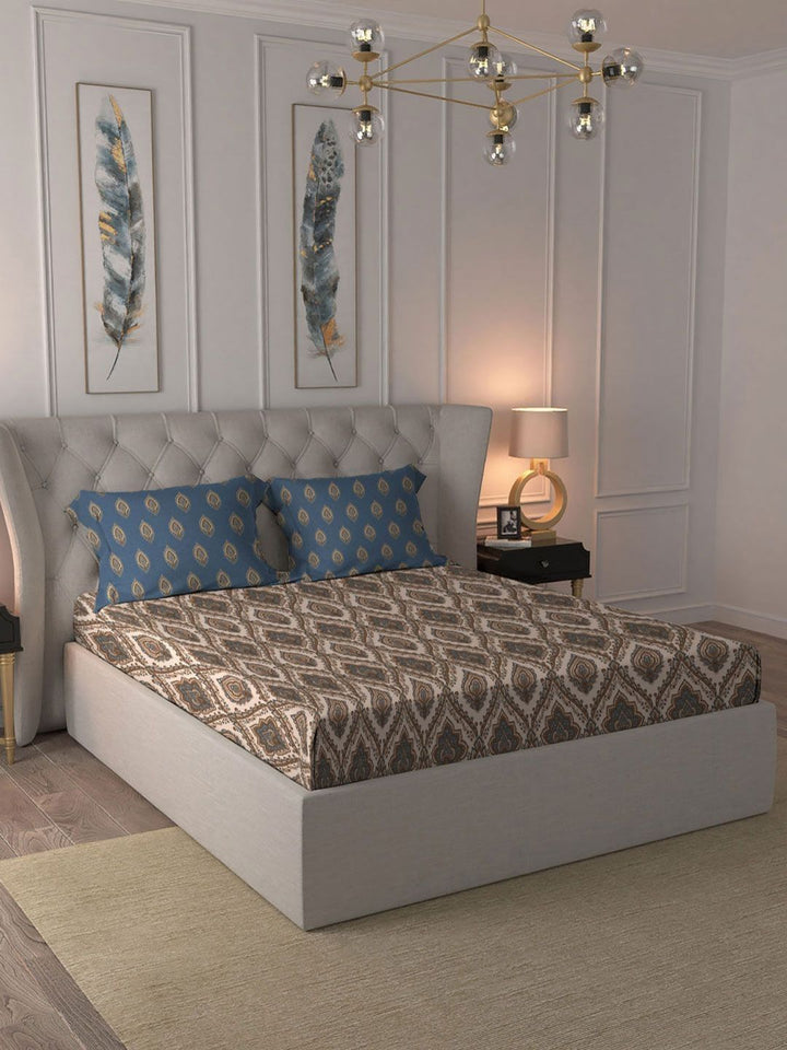 MYTRIDENT Noor Beige Celebration Flat 144TC Queen Pure Cotton 1 Bedsheet with 2 Pillow Covers
