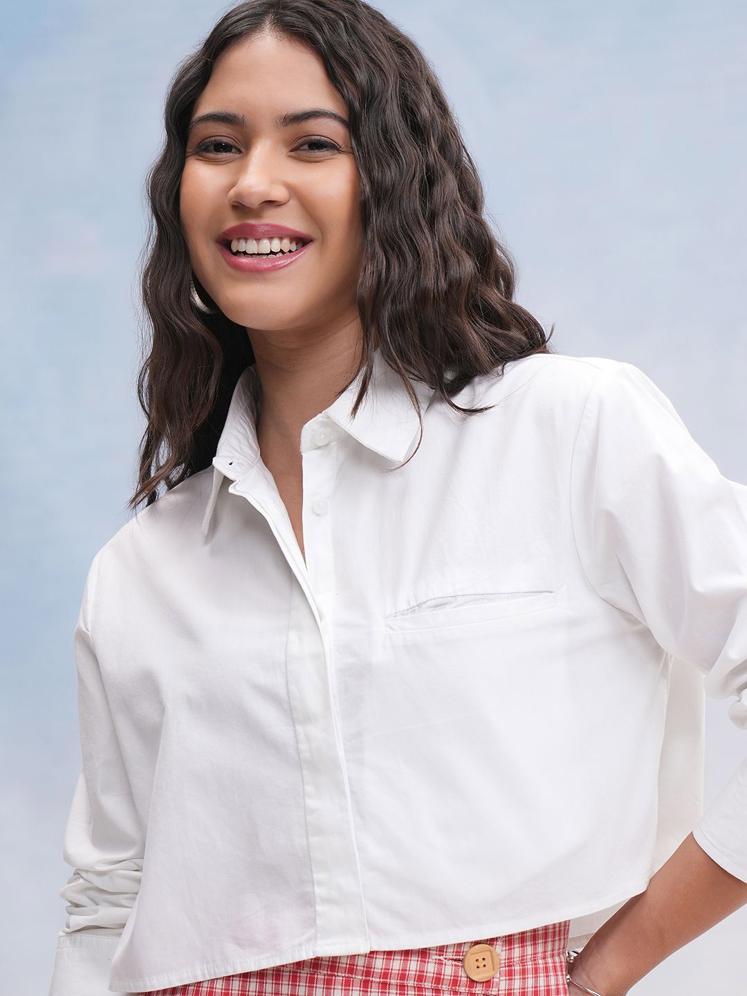 Tokyo Talkies Women Off Mock Pocket Crop Shirt