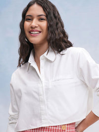 Tokyo Talkies Women Off Mock Pocket Crop Shirt