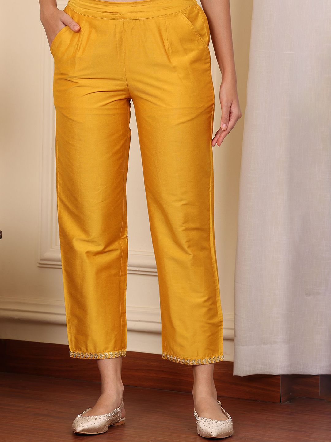 W Women Regular Fit Embroidered Hemline Trousers