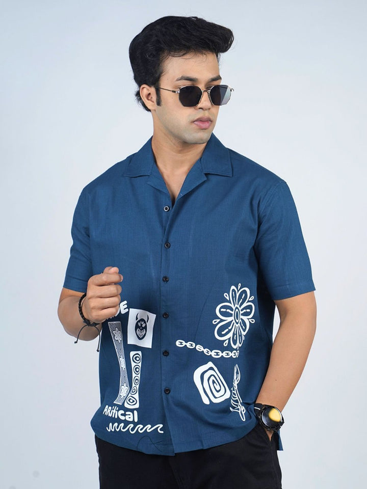 Eszett Men Conversational Printed Cuban Collar Cotton Casual Shirt