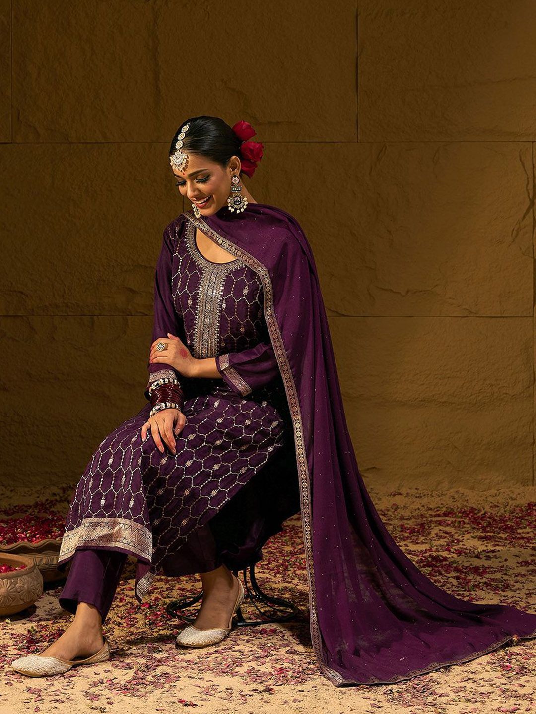 Indo Era Burgundy Geometric Embroidered Jacquard Weave Kurta with Trousers & Dupatta