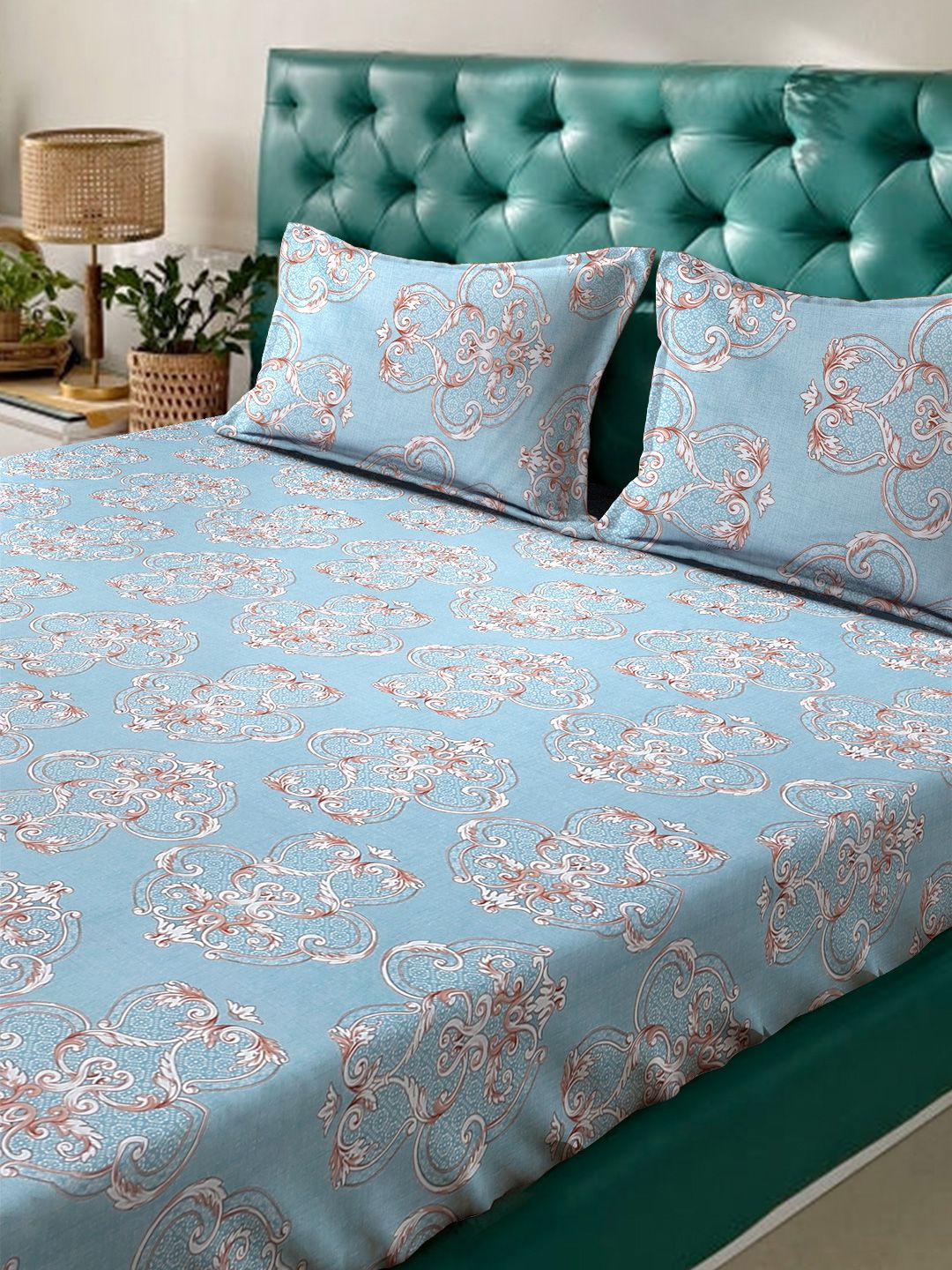 Myntra Elegant Homes Blue Ethnic Motifs 300 TC Fitted Double King Bedsheet Set-2.5mX2.25m