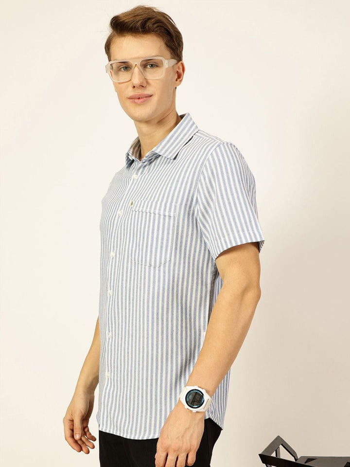 Thomas Scott Men Classic Spread Collar Vertical Striped Cotton Slim Fit Casual Shirt