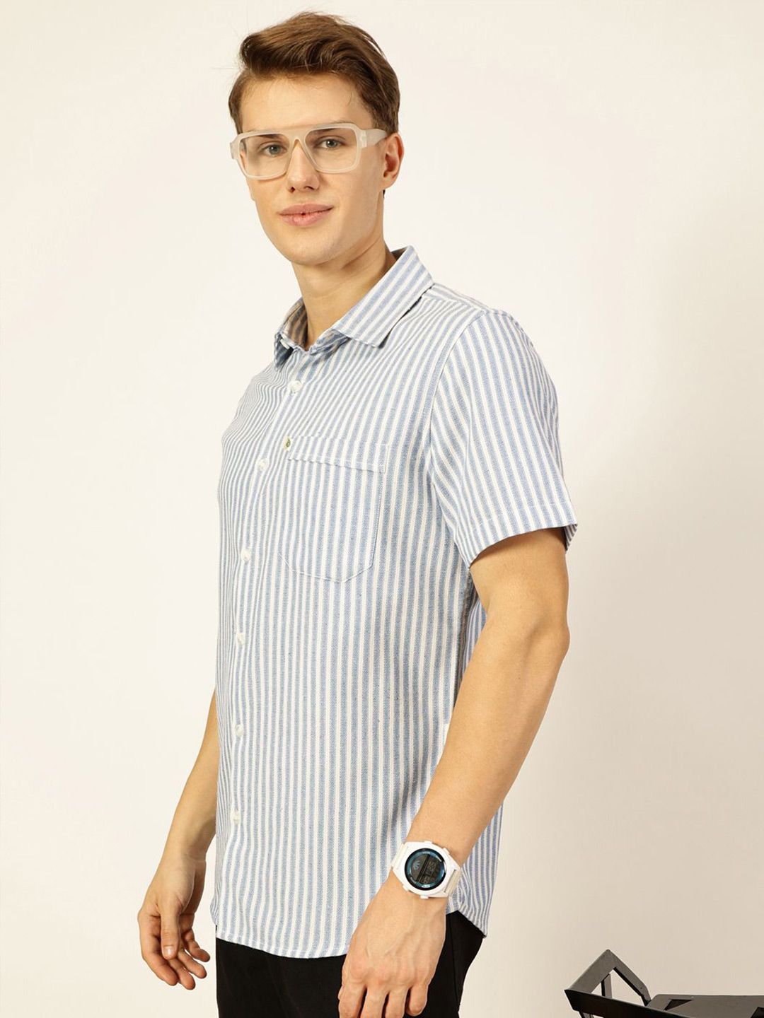 Thomas Scott Men Classic Spread Collar Vertical Striped Cotton Slim Fit Casual Shirt