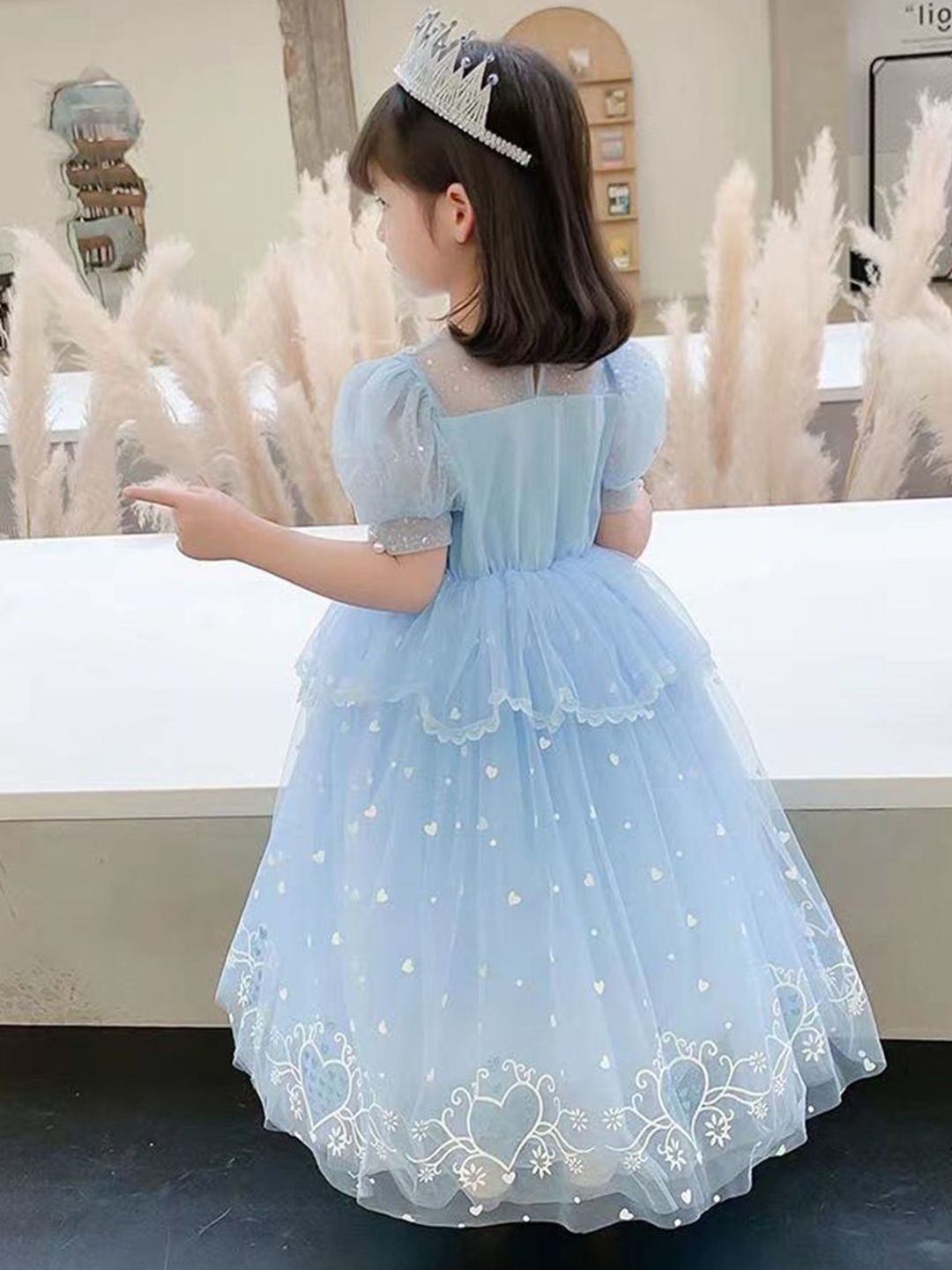 YK Girls Self Design Embellished Puff Sleeve Fit & Flare Dress