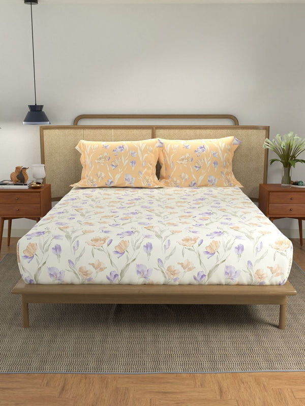 URBAN SPACE Divine Peach Printed 144 TC Cotton Double Queen Bedsheet & 2 Pillow Covers