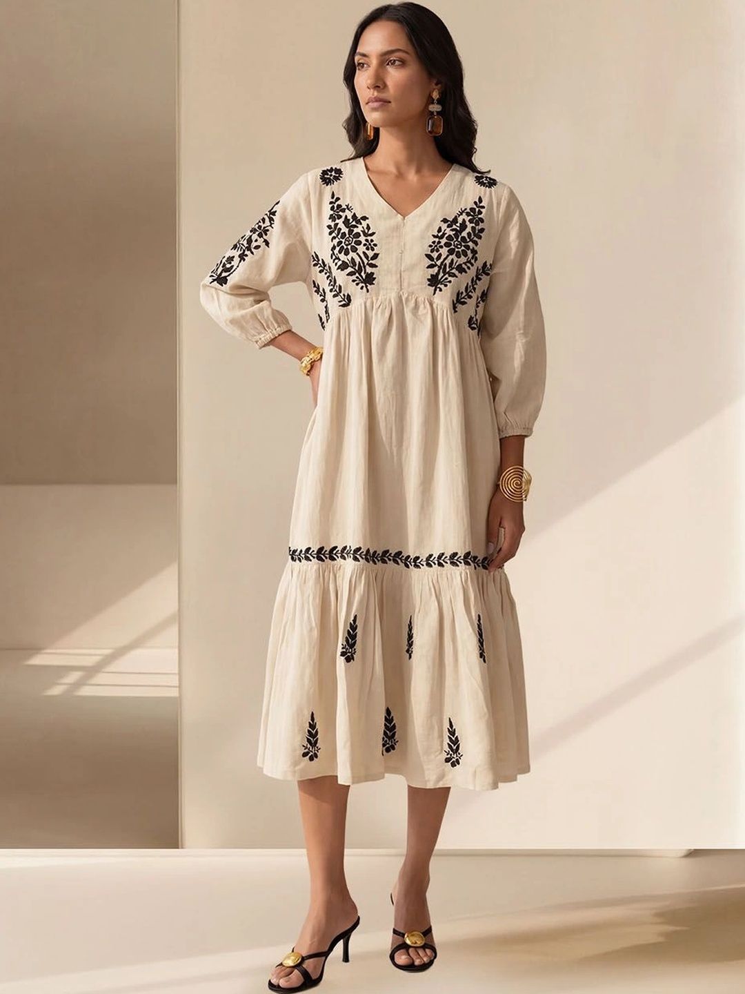 House of Chikankari Floral Embroidered A-Line Midi Dress