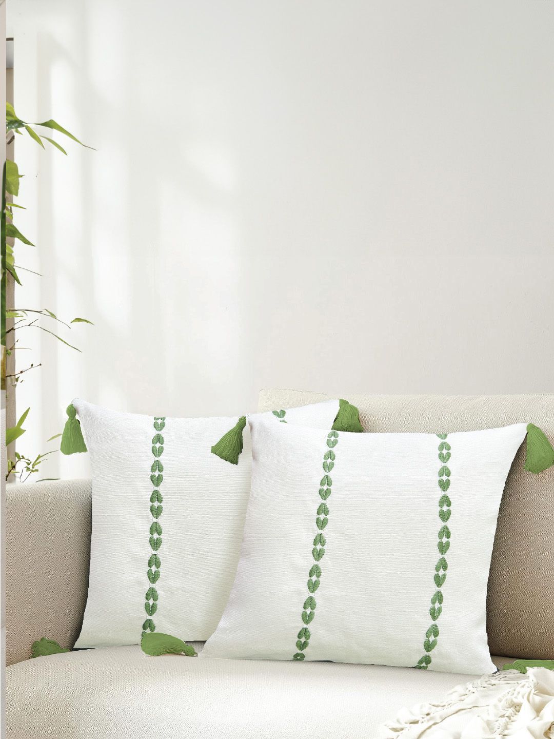 URBAN SPACE Green & White 2 Pieces Embroidered Pure Cotton Square Cushion Covers