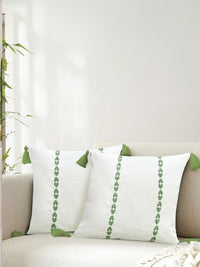 URBAN SPACE Green & White 2 Pieces Embroidered Pure Cotton Square Cushion Covers