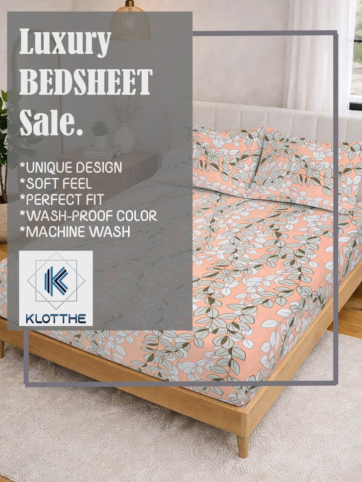 KLOTTHE Orange Floral Printed 300 TC King Bedsheets