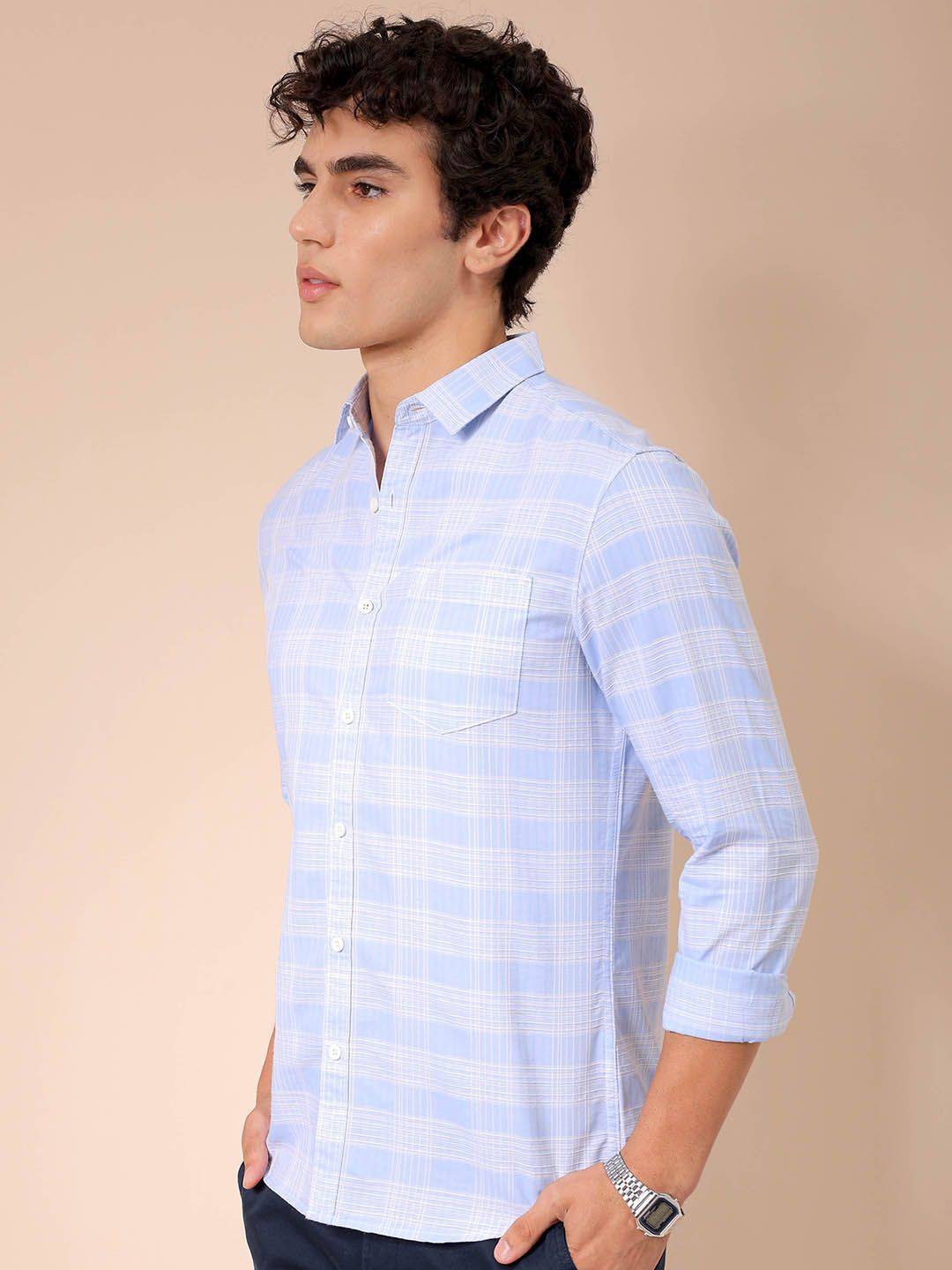 The Indian Garage Co Men Spread Collar Tartan Checked Cotton Slim Fit Casual Shirt