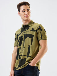 SPYKAR Men Abstract Printed Polo Collar Cotton Slim Fit T-shirt