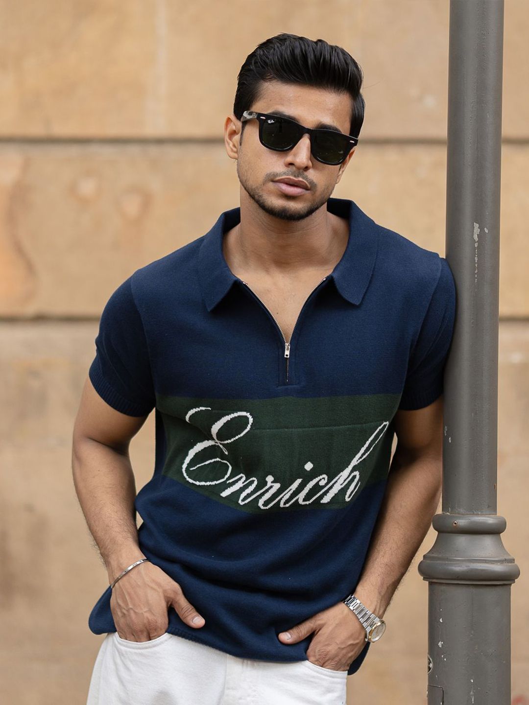 Powerlook SS25 Typography Printed Knitted Polo Collar Pure Cotton T-Shirt