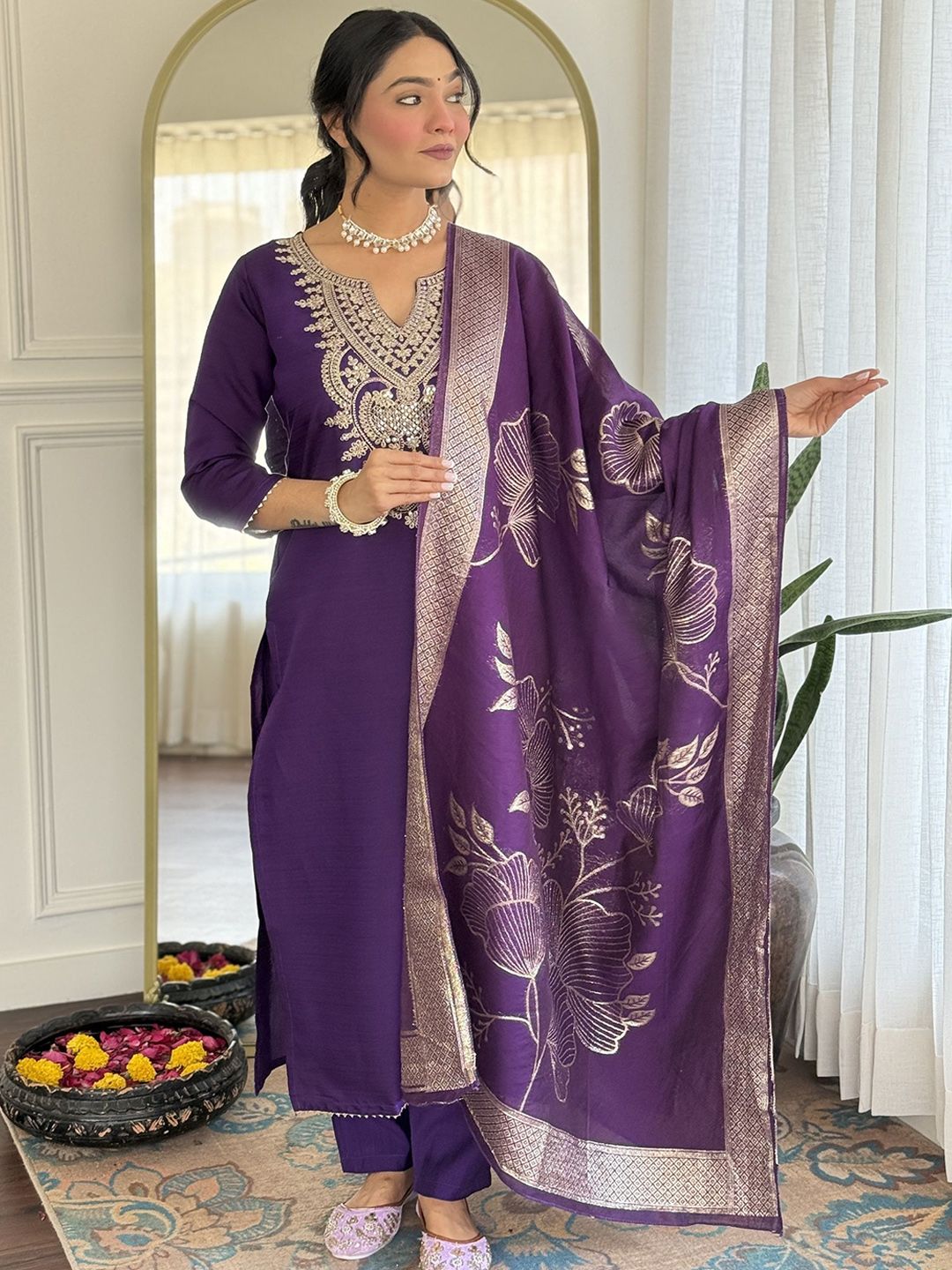 KALINI Floral Yoke Design Sequinned Pure Silk Straight Kurta With Trousers & Dupatta
