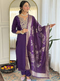 KALINI Floral Yoke Design Sequinned Pure Silk Straight Kurta With Trousers & Dupatta