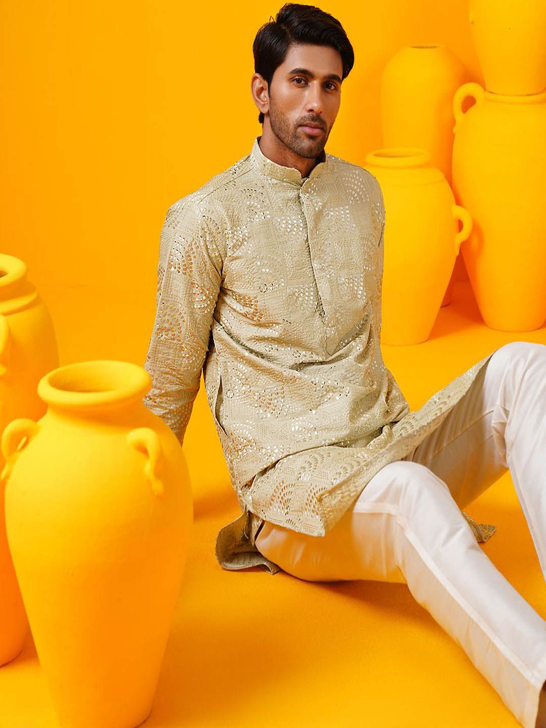 SOJANYA LUXE Geometrik Sulam Kolar Mandarin Benang Kerja Kurta Lurus