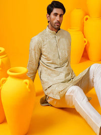 SOJANYA LUXE Geometrik Sulam Kolar Mandarin Benang Kerja Kurta Lurus