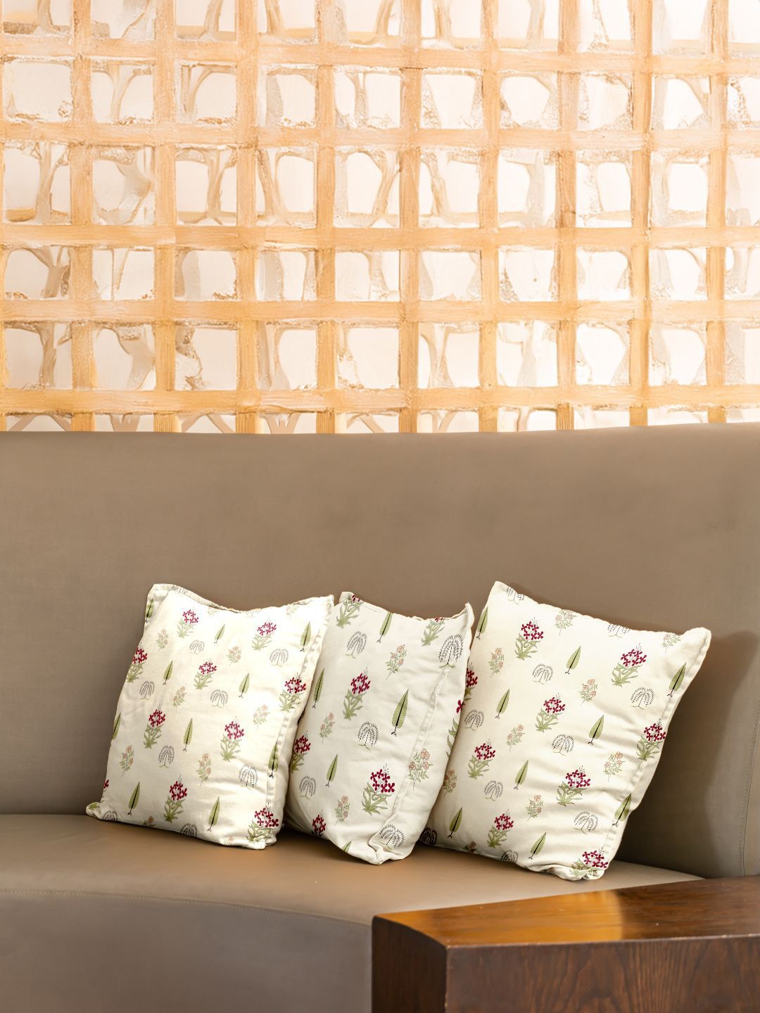 URBAN SPACE Red & White 3 Pieces Floral Printed Cotton Square Cushion Covers