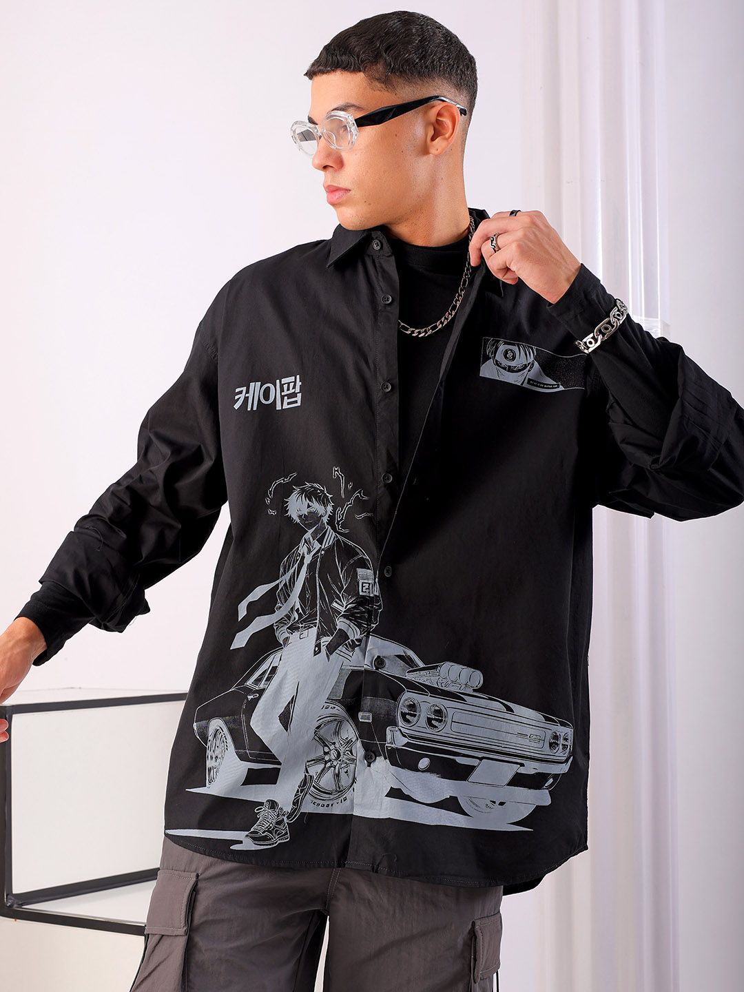 The Indian Garage Co Men Anime Printed Cotton Oversized Boxy Streetwear Shirt