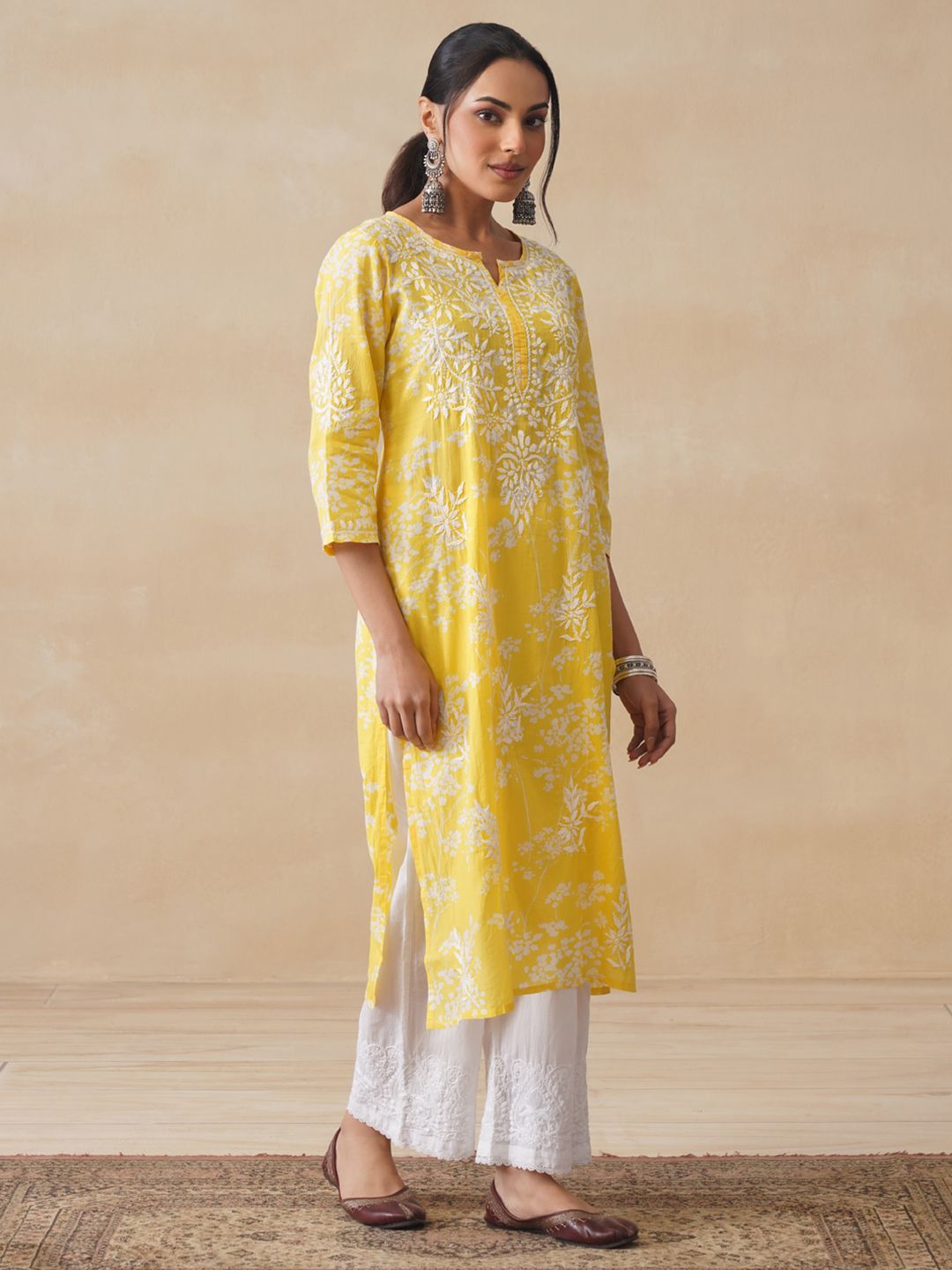 House of Chikankari Women Yellow Mulmul Chikankari Embroidered Kurta