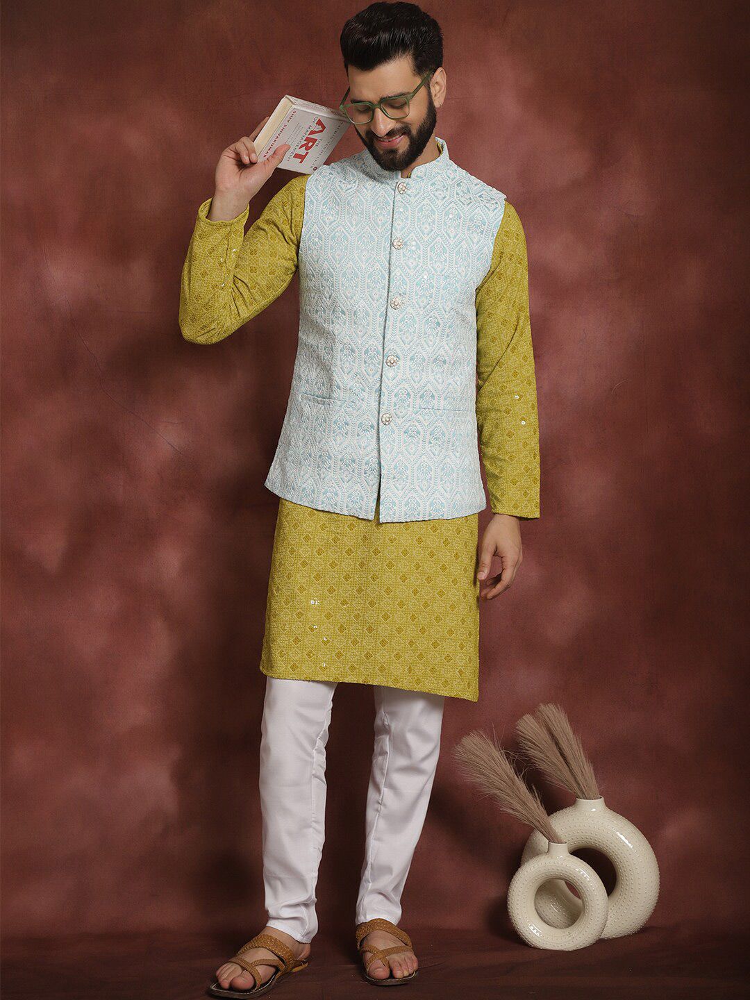Anouk Embroidered Regular Thread Work Kurta & Churidar With Nehru Jacket