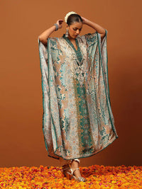Rumah Chikankari Wanita Green Crepe Chikankari Sulam Kaftan Panjang