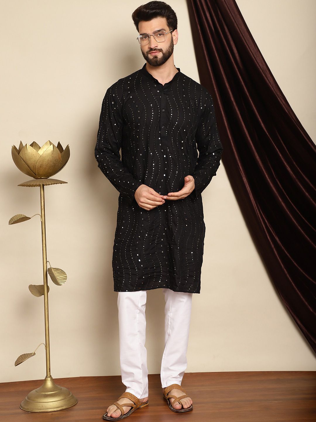 Anouk Black Mandarin Collar Sequinned Pure Cotton Straight Kurta with Pyjamas