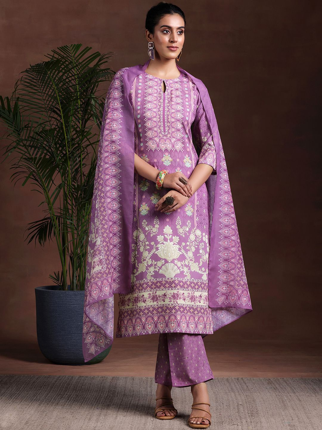 Libas Ethnic Motifs Printed Keyhole Neck Straight Kurta With Trousers & Dupatta