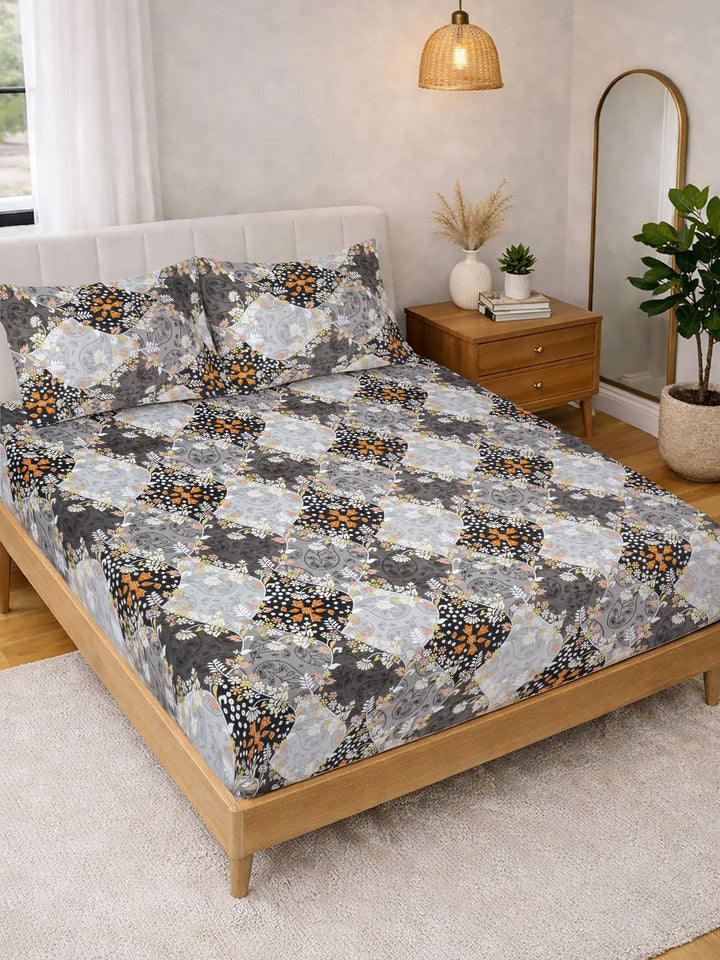 Myntra Elegant Homes Grey & Orange Floral 300 TC King Double Bedsheet with 2 Pillow Covers